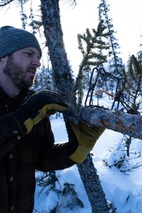 Johnny Rolfe sets a conibear set on a tree limb. (BBC Studios Reality Productions, LLC/Tyler Colgan)