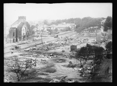 An archival image shows some of the destruction caused during the 1921 Tulsa Race Massacre. (Library of Congress)