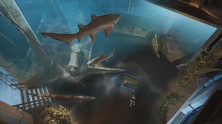 Multiple GFX Sand Tiger sharks swimming around the shark lab studio. (National Geographic)