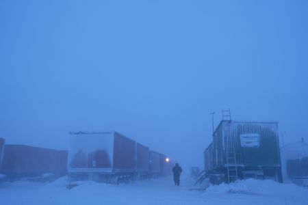 Kavik River Camp in white out conditions during a winter storm. (BBC Studios Reality Productions, LLC/Jayce Kolinski)