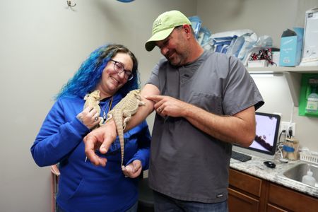 Owner April Sayler watches as Dr. Ben Schroeder says hello to one of her bearded dragons. (National Geographic)