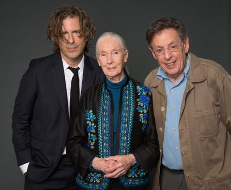 Critically acclaimed filmmaker Brett Morgen,  conservation icon Dr. Jane Goodall and world-renowned composer Philip Glass. 
 (photo credit: National Geographic/Stewart Volland)