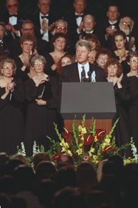 President Bill Clinton gives remarks at a memorial service held at the Oklahoma State Fairgrounds in Oklahoma City, Okla. for the victims of the truck bombing of the Alfred P. Murrah Federal Building. (Sharon Farmer/William J. Clinton Presidential Library)