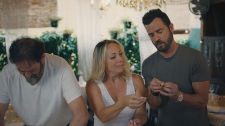 Franco Cinhi, Anna Carretti and Justin Theroux make Tortellini in Brodo at Antica Osteria del Mirasole. (National Geographic)