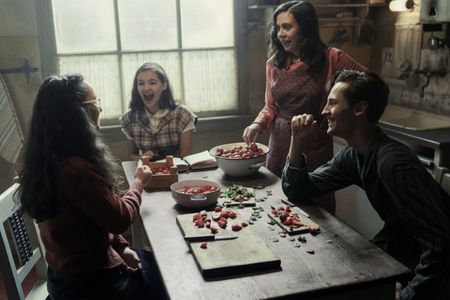 A SMALL LIGHT - Margot, Anne, Miep and Peter cut up strawberries to make jam as seen in A SMALL LIGHT. (From left: Ashley Brooke as Margot Frank, Billie Boullet as Anne Frank, Bel Powley as Miep Gies, and Rudi Goodman as Peter van Pels). (Credit: National Geographic for Disney/Dusan Martincek)