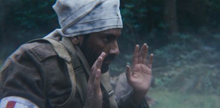 Medic Siddiq Ahmed (played by Rishi Rian) is captured by the Germans in a WW2 historic reenactment scene for "Erased: WW2's Heroes of Color." Medic Siddiq Ahmed was a member of Force K6, an Indian Regiment of mule handlers in WW2. Amidst the chaos of Dunkirk and the advancing German Army, one little-known Indian Regiment fights for victory and independence. (National Geographic)