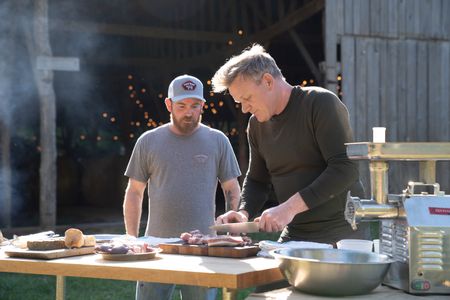 NC - Matt (L), a local butcher, teaches Gordon Ramsay (R) how to make livermush, a food staple of Western North Carolina. (Credit: National Geographic/Justin Mandel)