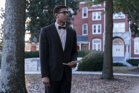 Malcolm X, played by Aaron Pierre, preaches on a college campus in GENIUS: MLK/X. (National Geographic/Richard DuCree)