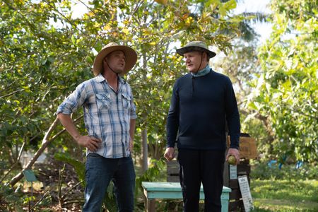 Patrick and Gordon Ramsay chat at the fruit farm. (National Geographic/Justin Mandel)