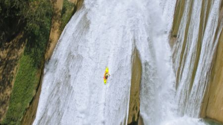 Gerd Serrasolses kayaks down a waterfall on the Santo Domingo river, in Mexico.  (mandatory photo credit: Rush Sturges / River Roots Productions)