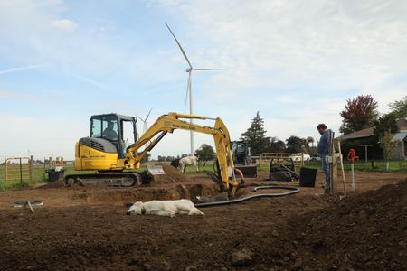 Andrew Hutton uses a mini excavator and Seth Doble uses a shovel to dig out a hole for the Pol family farm's new pond while Charles Pol watches and the Pol family's dog, Clovis, takes a nap in the dirt. (National Geographic)