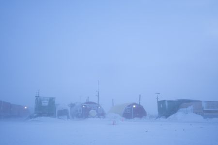 Kavik River Camp in white out conditions during a winter storm. (BBC Studios Reality Productions, LLC/Jayce Kolinski)