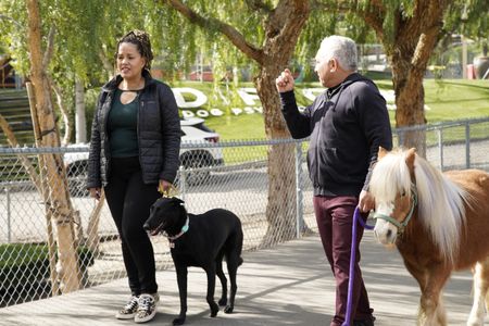 Bo and her dog Shadow walking alongside Cesar and a mini horse. (National Geographic)