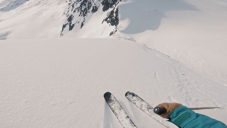 Point of view of Angel Collinson as she skis down a mountain in Alaska.  (mandatory credit:  Matchstick Productions/Angel Collinson)