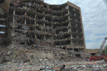 A rubble pile and heavy damage are visible at the Alfred P. Murrah Federal Building on the afternoon of April 19th, 1995, in Oklahoma City, Okla. (Danny Atchley)