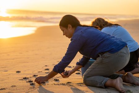 Liz Bonnin releases olive ridley sea turtles into the ocean. (National Geographic/Emilie Ehrhardt)