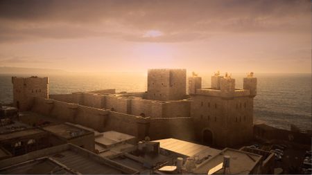 CGI recreation of the ancient fortress of Acre, Israel at sunset. (National Geographic)