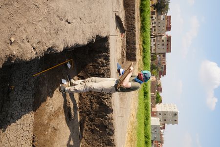 Robert Stetefeld takes measurements at the Pi Ramesses dig site in Egypt. (Windfall Films)