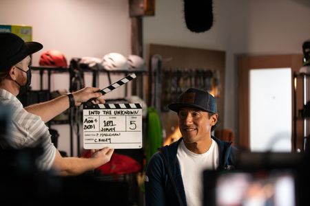 Filmmaker and climber Jimmy Chin films his interview.   (photo credit: National Geographic/Teague Wasserman)