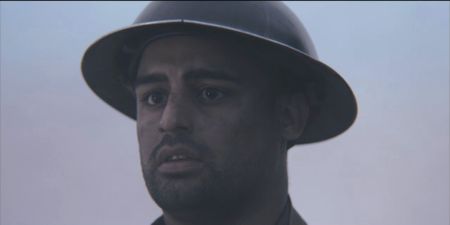 Corporal Chaudry Wali Mohammad (played by Ali Afzal) is seen in close-up portrait in a WW2 historic reenactment scene for "Erased: WW2's Heroes of Color." Corporal Chaudry Wali Mohammed was a member of Force K6, an Indian Regiment of mule handlers in WW2. Amidst the chaos of Dunkirk and the advancing German Army, one little-known Indian Regiment fights for victory and independence. (National Geographic)