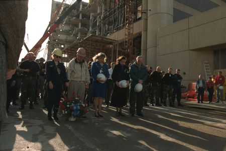 Governor Frank Keating and First Lady Cathy Keating lead first responders, police officers and rescue teams in a minute's silence at the site of the bombed Alfred P. Murrah Federal Building in Oklahoma City, Okla. (Danny Atchley)