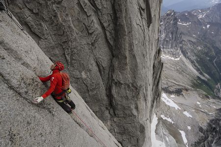 Alex Honnold looking up for the next hold whilst climbing up one of the huge Howser Towers in Bugaboo Provinical Park.  (National Geographic/Taylor Shaffer)