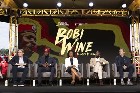 2024 TCA WINTER PRESS TOUR  - Christopher Sharp, Bobi Wine, Barbie Kyagulanyi, Moses Bwayo and John Battsek from the “Bobi Wine: The People’s President” panel at the National Geographic presentation during the 2024 TCA Winter Press Tour at the Langham Huntington on February 8, 2024 in Pasadena, California. (National Geographic/PictureGroup)