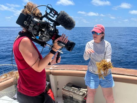 Producer Director Ruth Davies films Marine Turtle Scientist Dr. Kate Mansfield talking about sargassum. (National Geographic for Disney/Emily Goldblatt)