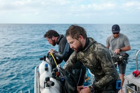 Aldo Kane and Matt Smukall prep for a dive off Bimini, Bahamas. (National Geographic/Mario Tadinac)
