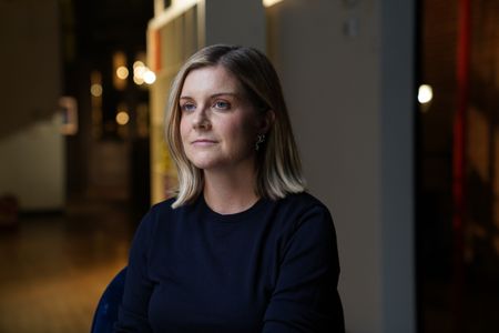 The New Yorker staff writer Lauren Collins poses for a portrait for "Killer Lies: Chasing a True Crime Con Man," a documentary series about obsession and deception, following the unraveling of French serial-killer expert Stephane Bourgoinìs career as a best-selling author and serial killer expert. (National Geographic/Ben Selkow)