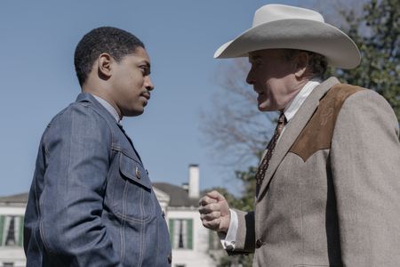 Martin Luther King Jr., played by Kelvin Harrison Jr., meets with President Lyndon B. Johnson, played by John C. McGinley, in GENIUS: MLK/X. (National Geographic/Richard DuCree)