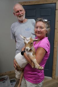 Owners Fred and LaVonne Lorenzen pose with Charlie the pygmy goat who has a broken horn. (National Geographic)