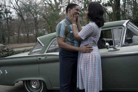 Martin Luther King Jr., played by Kelvin Harrison Jr., and Coretta Scott King, played by Weruche Opia, embrace in GENIUS: MLK/X. (National Geographic/Richard DuCree)