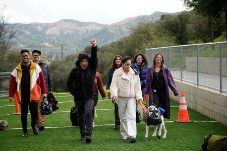 Cesar walks with Adriana, Brunello and Cesar's Pack after the bag exercise. (National Geographic)