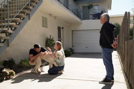 Thomas and Alex greet the new dog they've been matched with while Cesar looks on. (National Geographic)