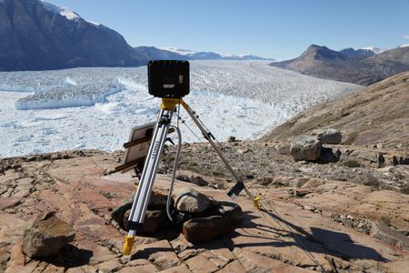 Timelapse cameras pointing at Daugaard-Jensen glacier. (photo credit: National Geographic/Rosie Gloyns)