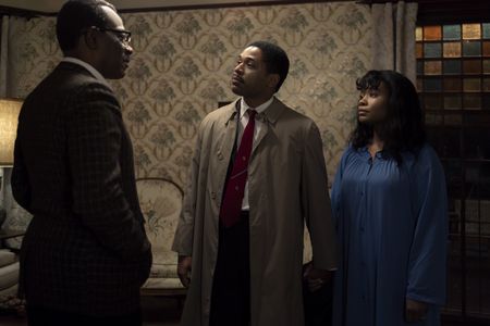 Daddy King, played by Lennie James, talks with Martin and Coretta, played by Kelvin Harrison Jr. and Weruche Opia, in GENIUS: MLK/X. (National Geographic/Richard DuCree)