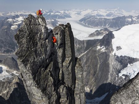 Aerial view of Tommy Caldwell and Alex Honnold on the summit of the West Cat's Ear Spire.  (National Geographic/Renan Ozturk)