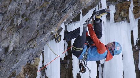 Sarah Hueniken performs a figure four while climbing Helmcken Falls.  (mandatory credit: Red Bull Media House)