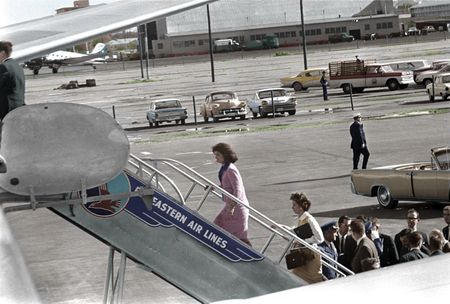 This colorized archival image shows first lady Jacqueline Kennedy boarding Air Force One after President John F. Kennedy's casket was carried onto it at Love Field, Dallas, Nov. 22, 1963. (Cecil Stoughton/White House Photographs/John F. Kennedy Presidential Library and Museum, Boston)