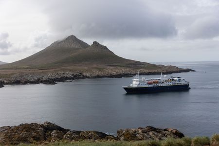 The M/V National Geographic Explorer expedition ship in the Falkland Islands. (National Geographic for Disney/Ruth Davies)
