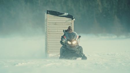 Finally finished with his ice-fishing shed, Matty takes it out for a spin. (Blue Ant Media/Tara Elwood)