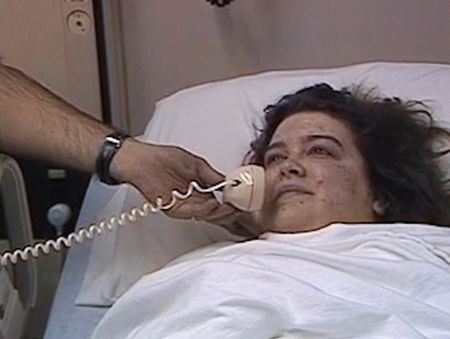 Amy Downs, freed after six hours trapped in the rubble, spoke with her mom from her hospital bed after her rescue from the Alfred P. Murrah Federal Building in Oklahoma City, Okla., April 19, 1995. (KFOR-TV)