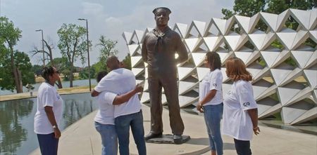 Doris Miller’s family members visit the Doris Miller Memorial in Waco, Texas. "Erased: WW2's Heroes of Color" tells the stories of three Black heroes who miraculously survived the attack on Pearl Harbor. One of these men, mess attendant Doris Miller, defied racial stereotypes when he shot down enemy planes during the attack. (National Geographic)
