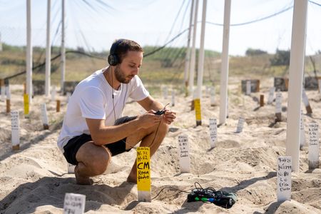 Researcher and turtle bioacoustics expert Dr. Gabriel Jorgewich-Cohen uses highly sensitive microphones to listen to turtle embryos vocalizing inside their eggs to synchronize hatching. Turtle nests are carefully reared at the sanctuary to maximize their chances of survival. (National Geographic/Emilie Ehrhardt)