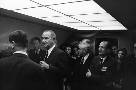 Attendees gather during Lyndon B. Johnson's swearing in ceremony as President of the United States aboard Air Force One, Nov. 22, 1963, in Dallas. (Cecil Stoughton/White House Photographs/John F. Kennedy Presidential Library and Museum, Boston)