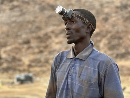 Issoufou is interviewed at Fallo Mine in Niger. (National Geographic for Disney)
