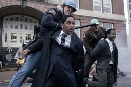Martin Luther King Jr., played by Kelvin Harrison Jr., and Ralph Abernathy, played by Hubert Point-Du Jour, are arrested at a protest in GENIUS: MLK/X. (National Geographic/Richard DuCree)