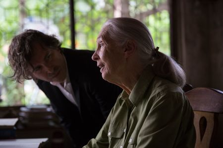 Jane Goodall and award-winning director Brett Morgan during the production of Jane in Tanzania.  (photo credit: National Geographic/David Guttenfelder)