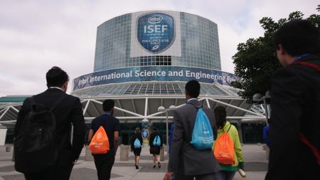 Students entering International Science and Engineering Fair at the Los Angeles Convention Center. (National Geographic)